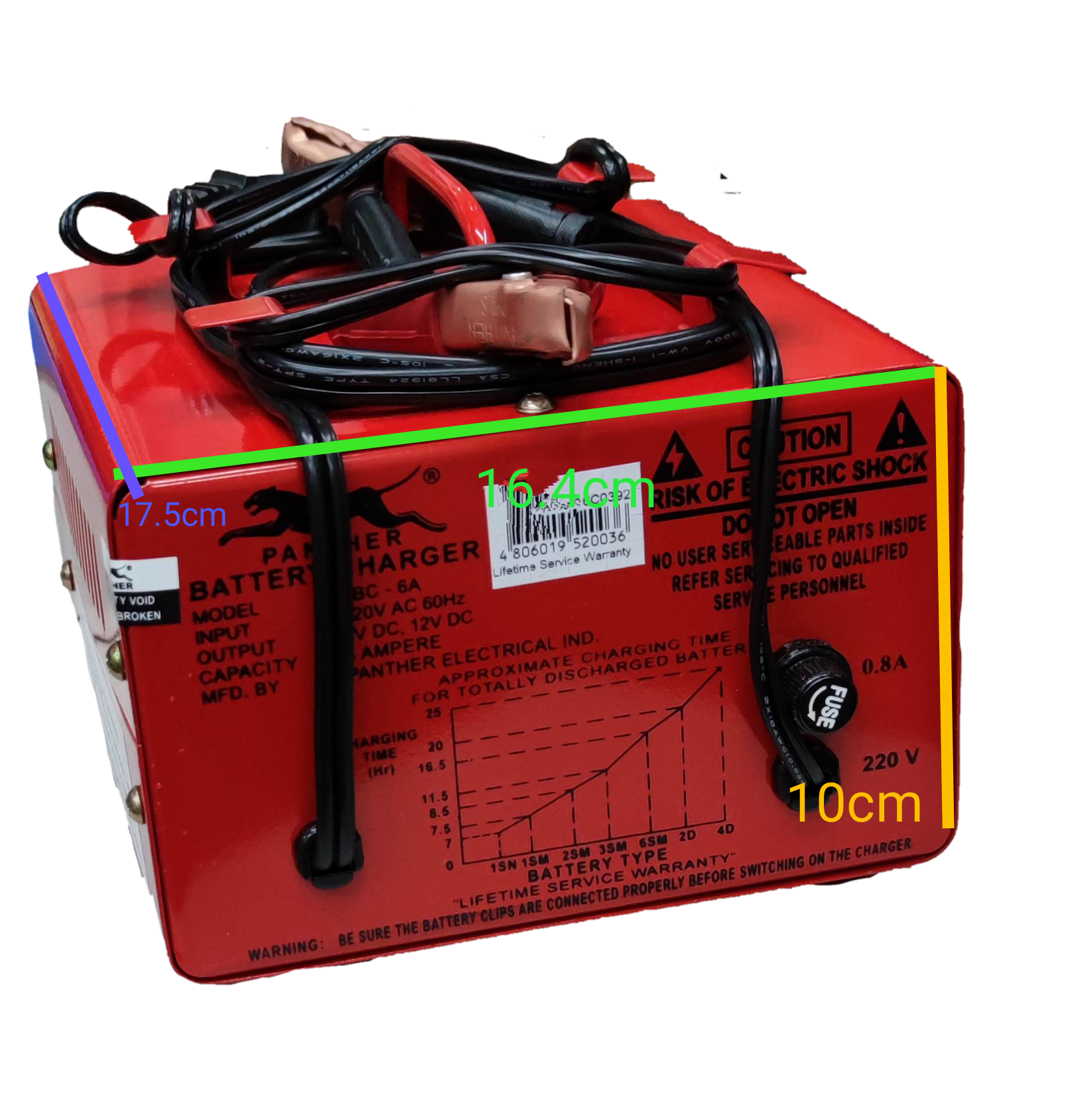 Panther 6V 12V car battery charger red compact portable power starter with black cables