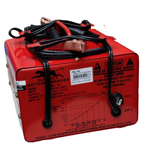 Panther 6V 12V car battery charger red portable power starter with cables and safety warnings