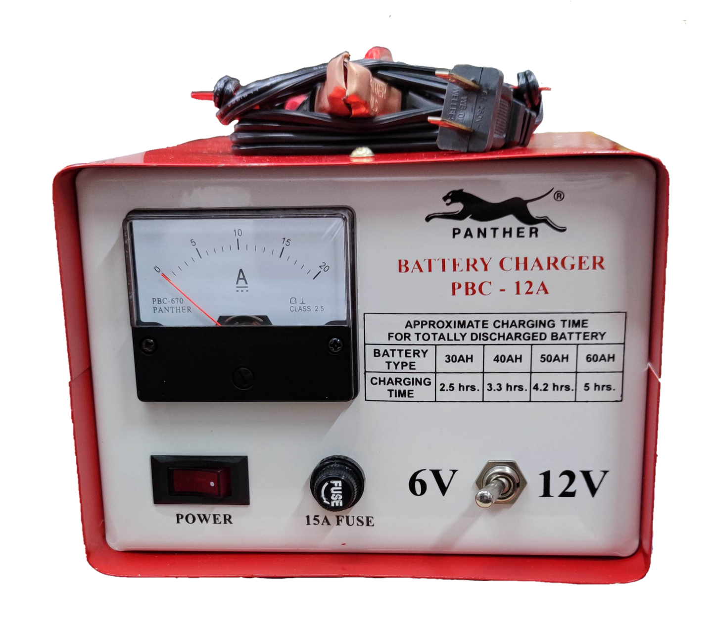 Panther Battery Charger 12A with analog ammeter and power switch for 6V and 12V batteries