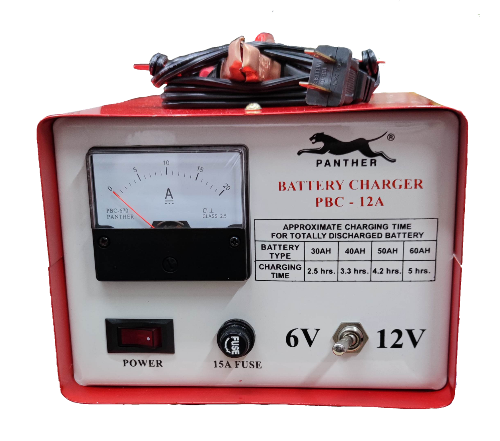 Panther Battery Charger 12A with analog ammeter and power switch for 6V and 12V batteries