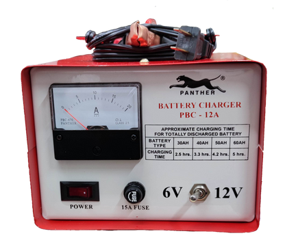 Panther Battery Charger 12A with analog ammeter and power switch for 6V and 12V batteries