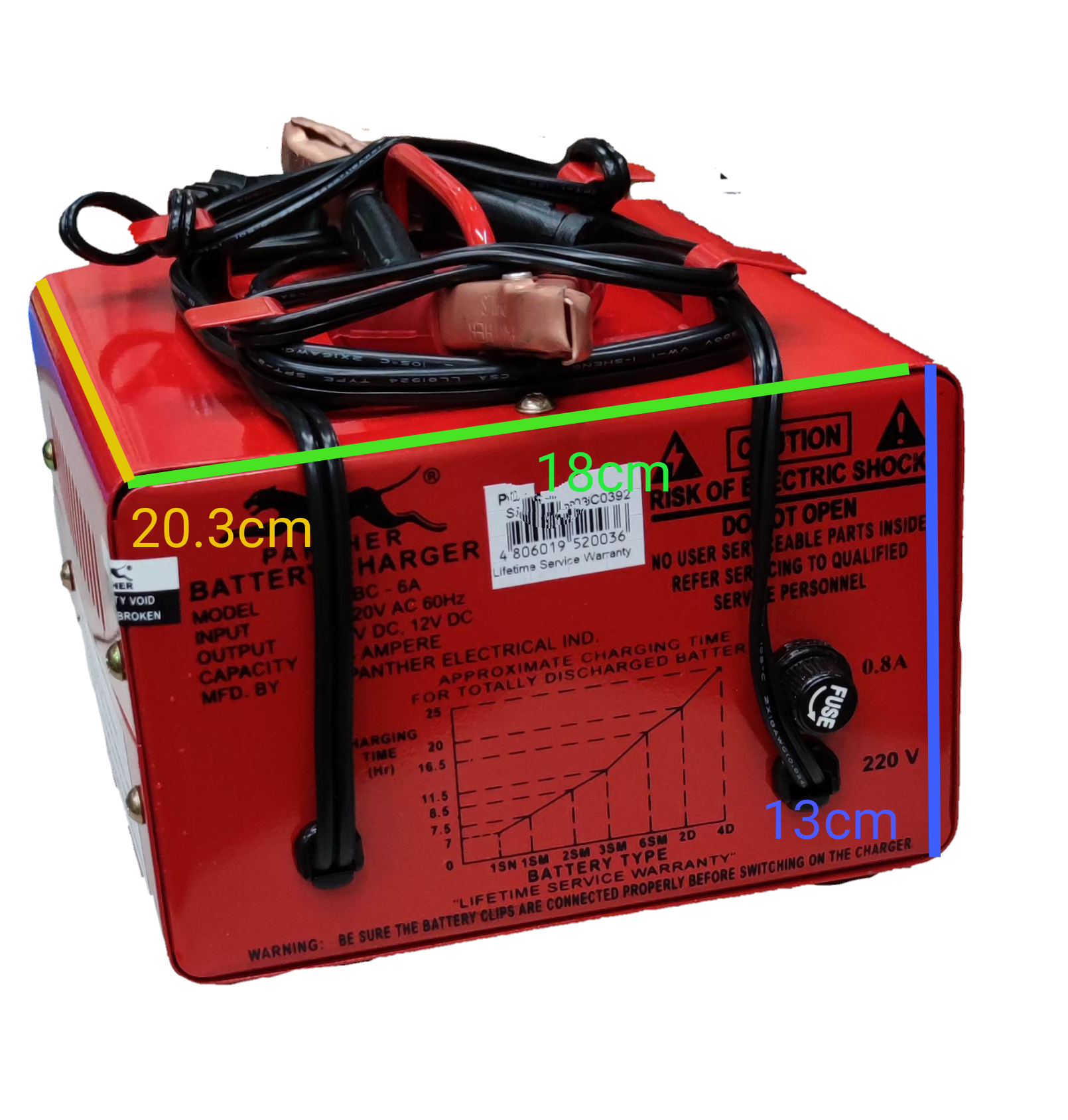 Panther Battery Charger 12A red portable battery charger with cables and safety warning labels