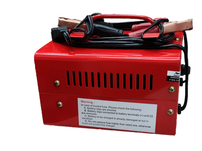 Panther Battery Charger 24A 12V red metal casing with attached cables and warning label