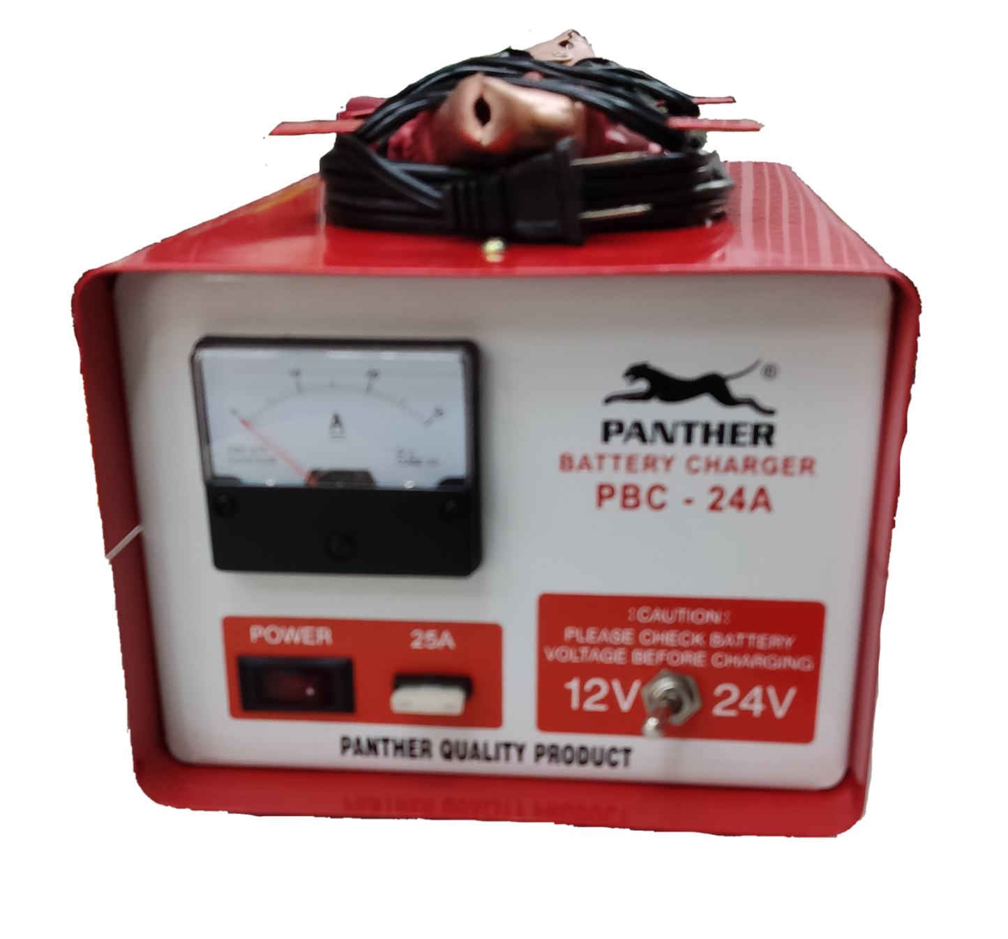 Panther Battery Charger 24A 12V red and white with analog ammeter and power switch