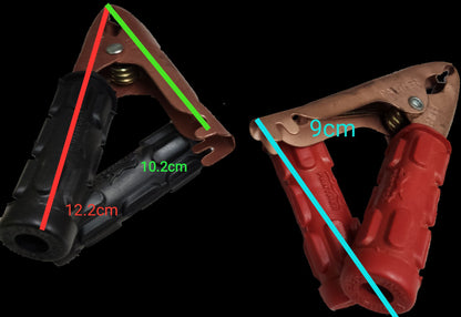 Panther battery clip 50 amp in red and black with copper connectors and measuring 12.2cm and 10.2cm