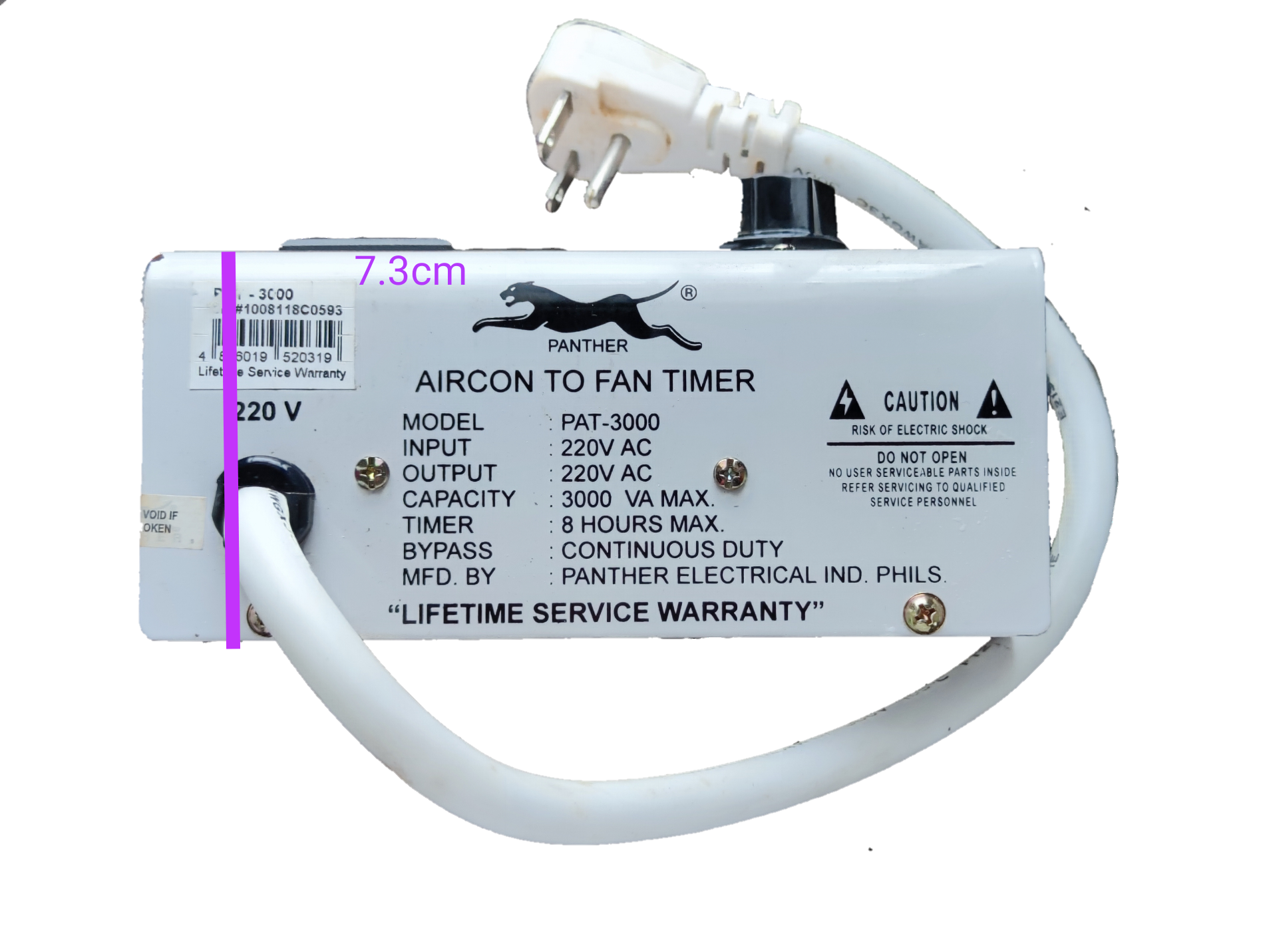 Panther Aircon to Fan Timer with white cord and plug for controlling aircon and fan power duration