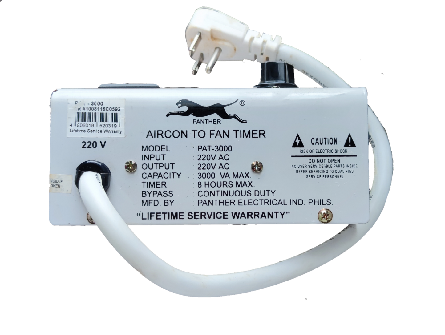 Panther Aircon to Fan Timer power plug and switch device with 220V input and output