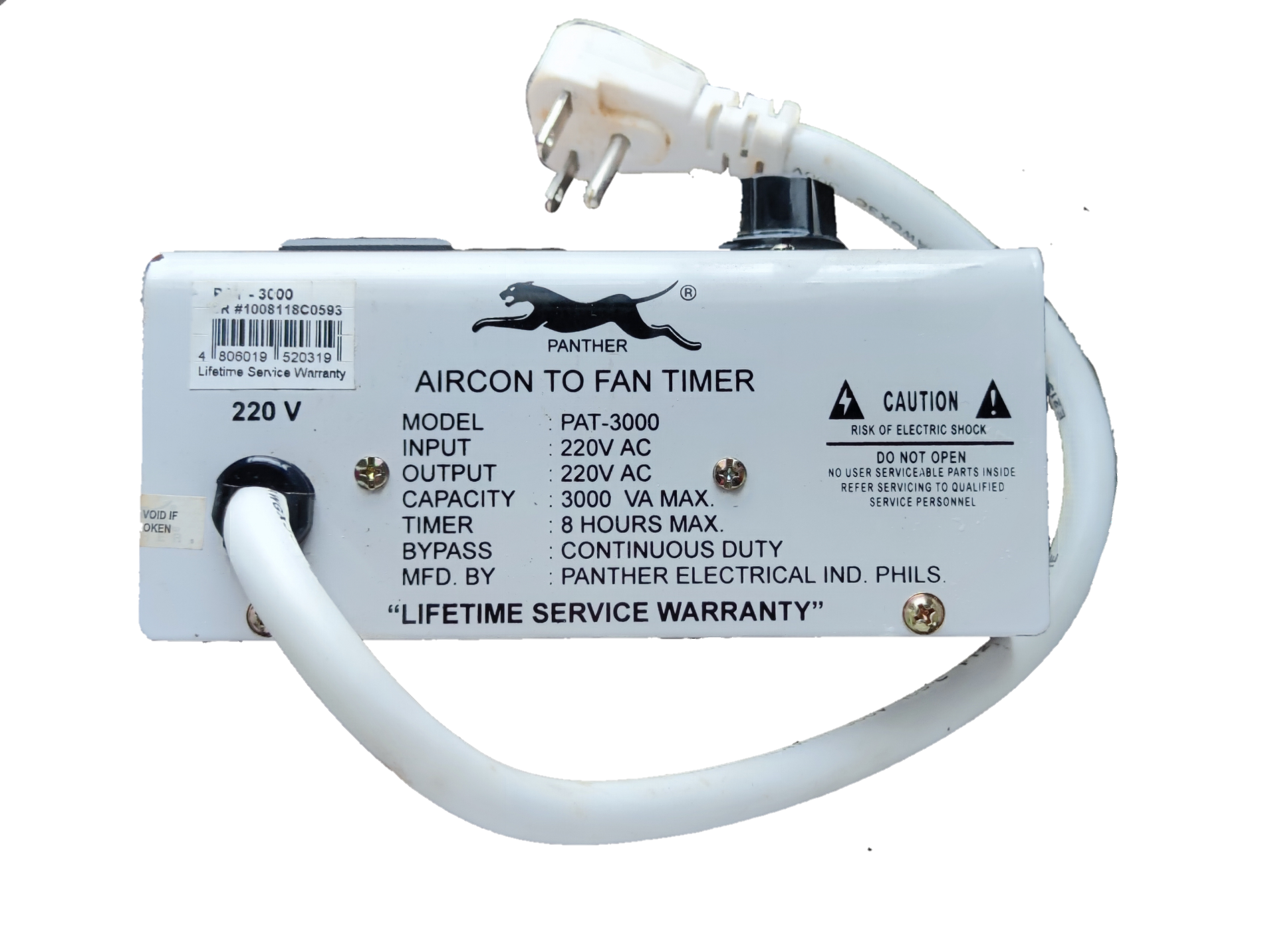 Panther Aircon to Fan Timer power plug and switch device with 220V input and output