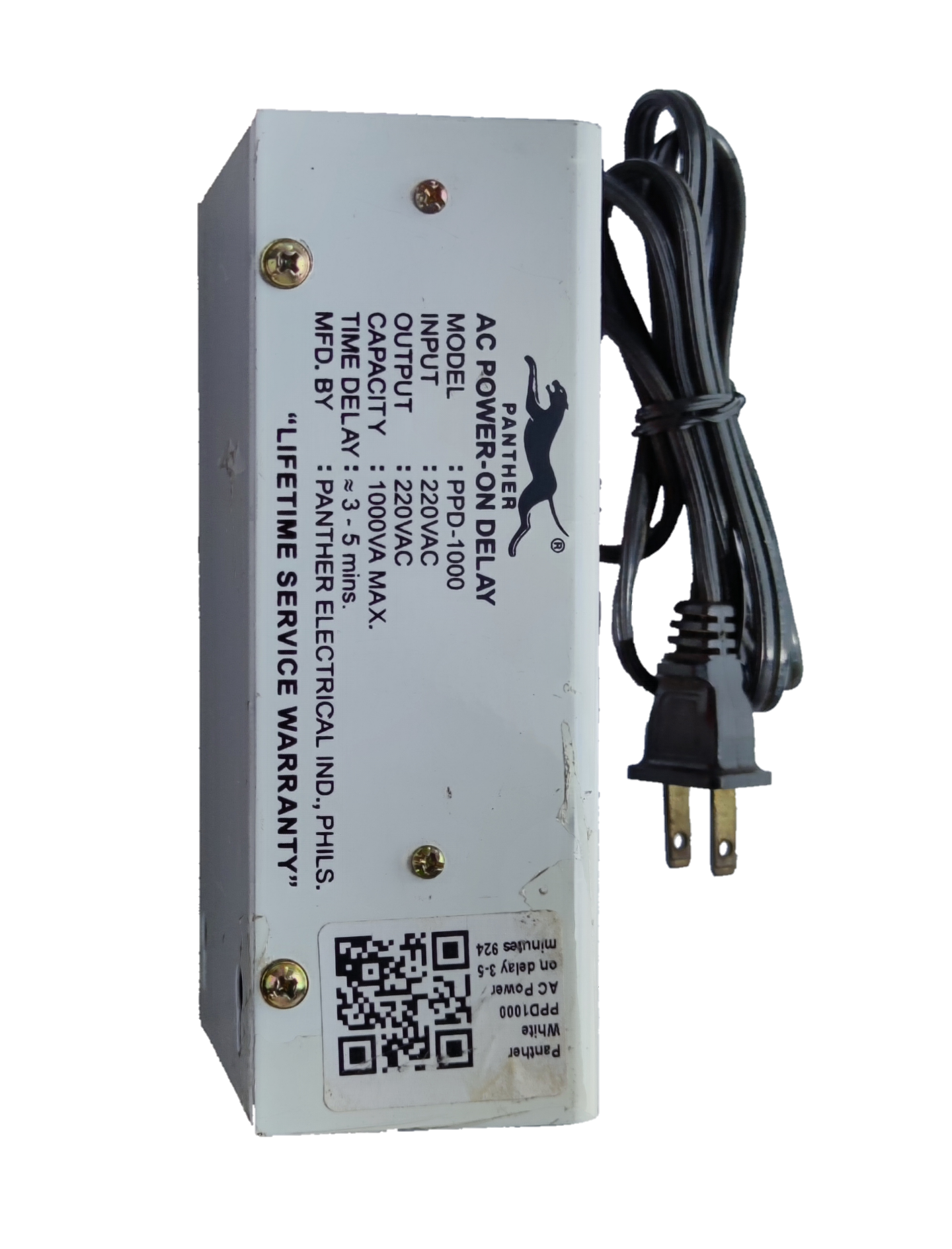 Panther power on delay device with AC input output and attached power cord for electrical control