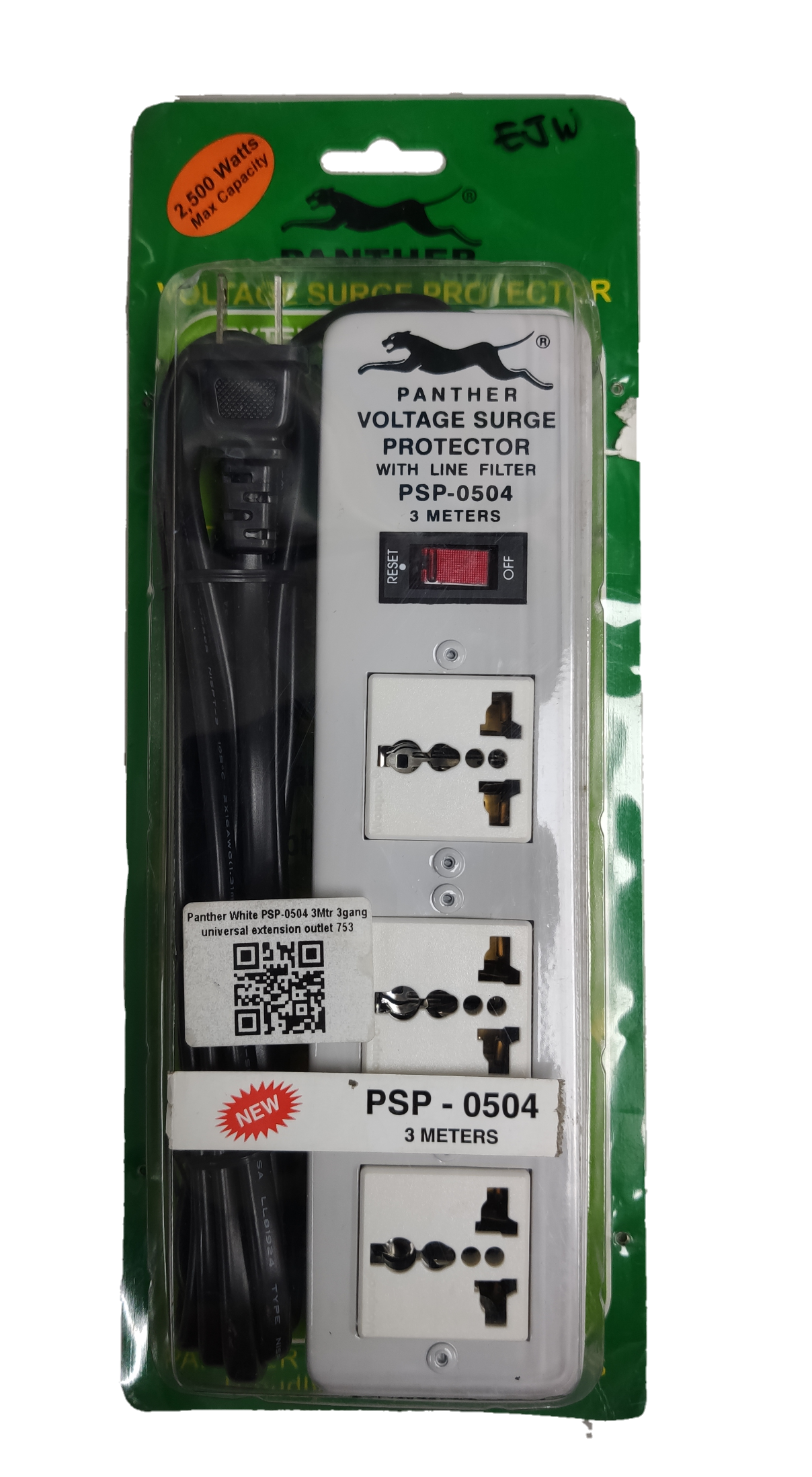 Panther universal extension cord with surge protector PSP-0504 3 meters power strip in packaging