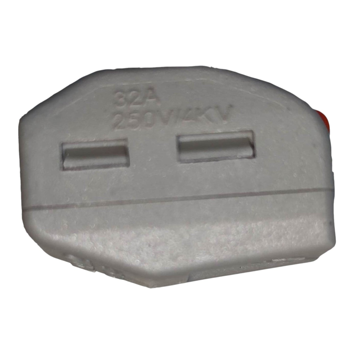 Gray electrical plug with specifications on a white background