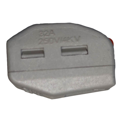 Gray electrical plug with specifications on a white background