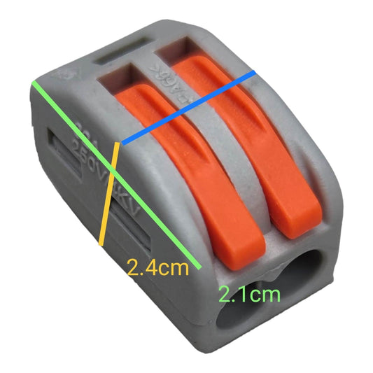 Gray and orange electrical connector with measurements on a white background