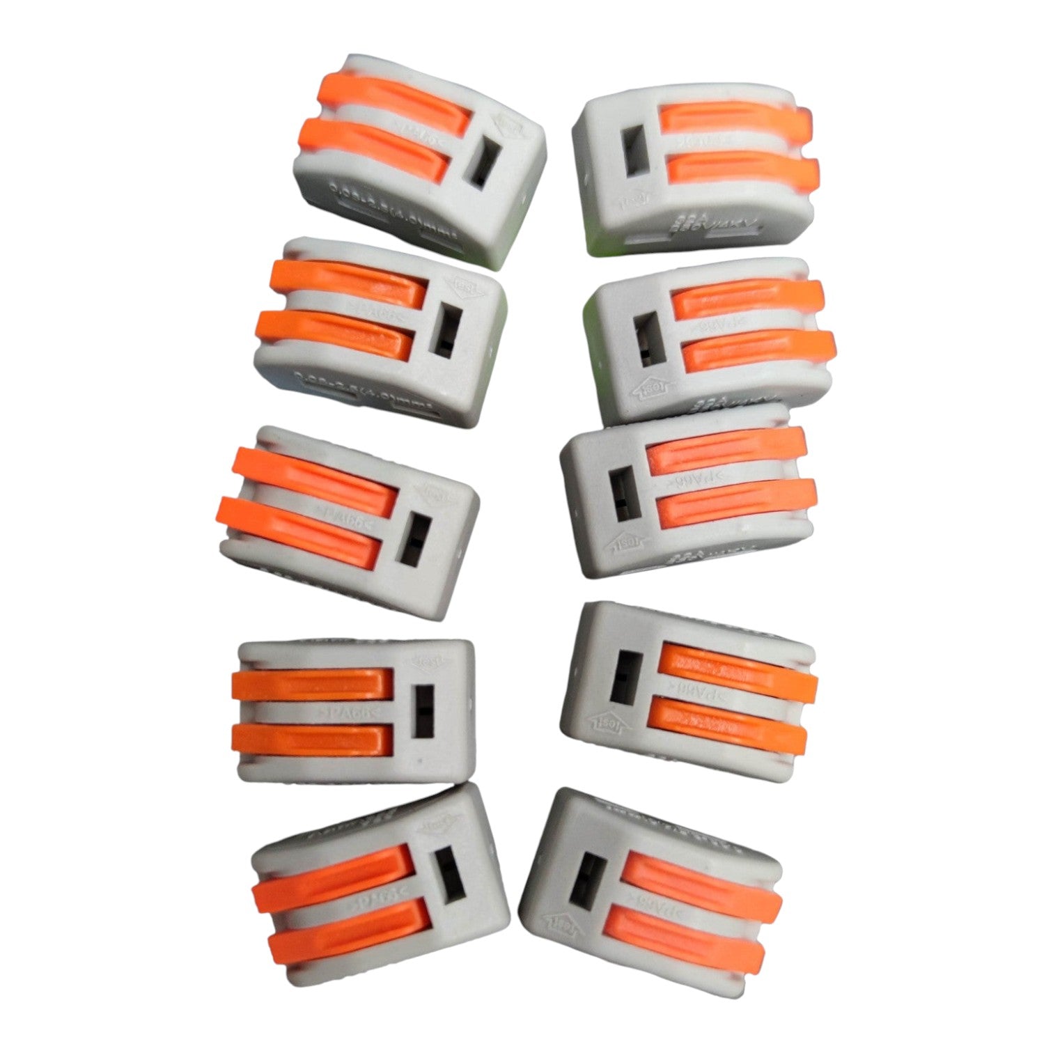 Set of gray and orange plastic clips on a white background