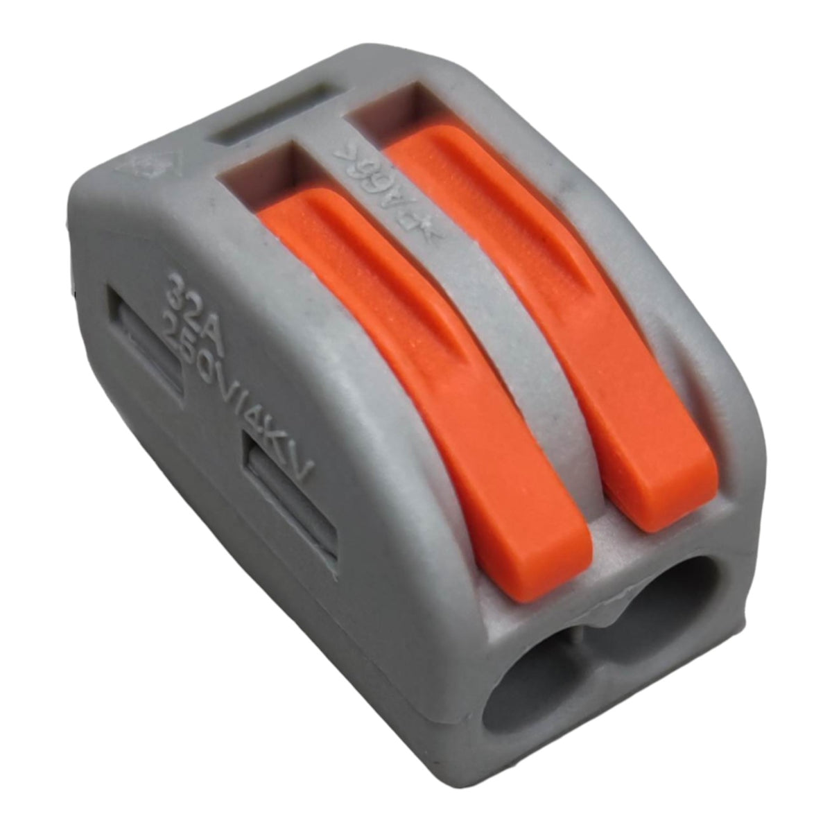 Gray and orange electrical connector on a white background