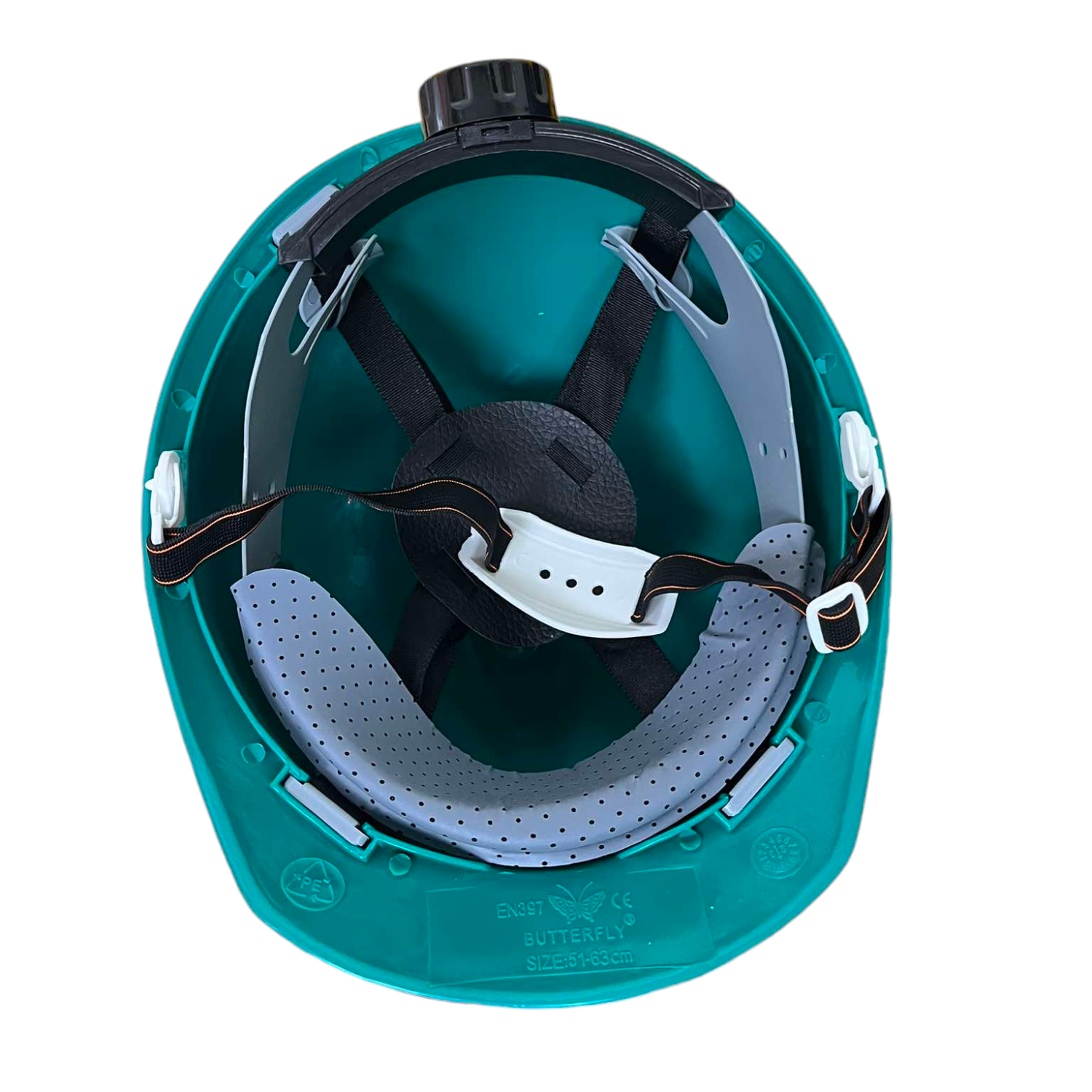 Interior view of a PE industrial hard hat yellow showing adjustable suspension and padding for comfort