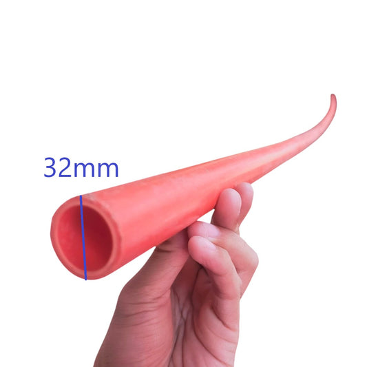 Hand holding flexible red tubing pipe for electrical use, labeled with size diameter