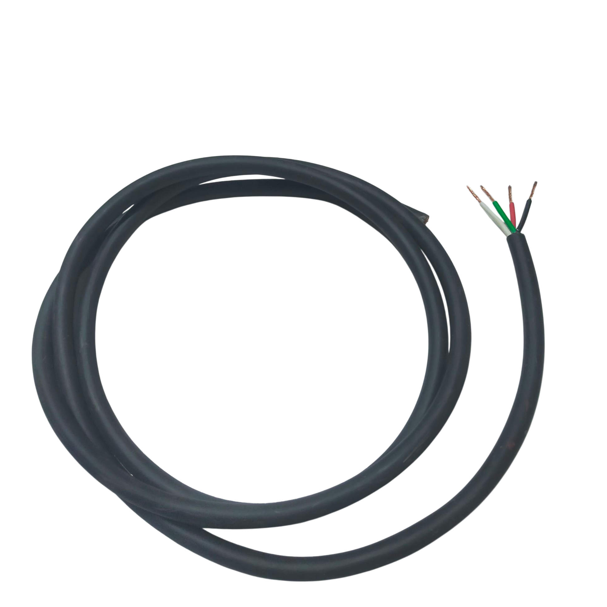 Phelps Dodge royal cord 0.75mm 4 core insulated wire with exposed copper ends coiled on black background