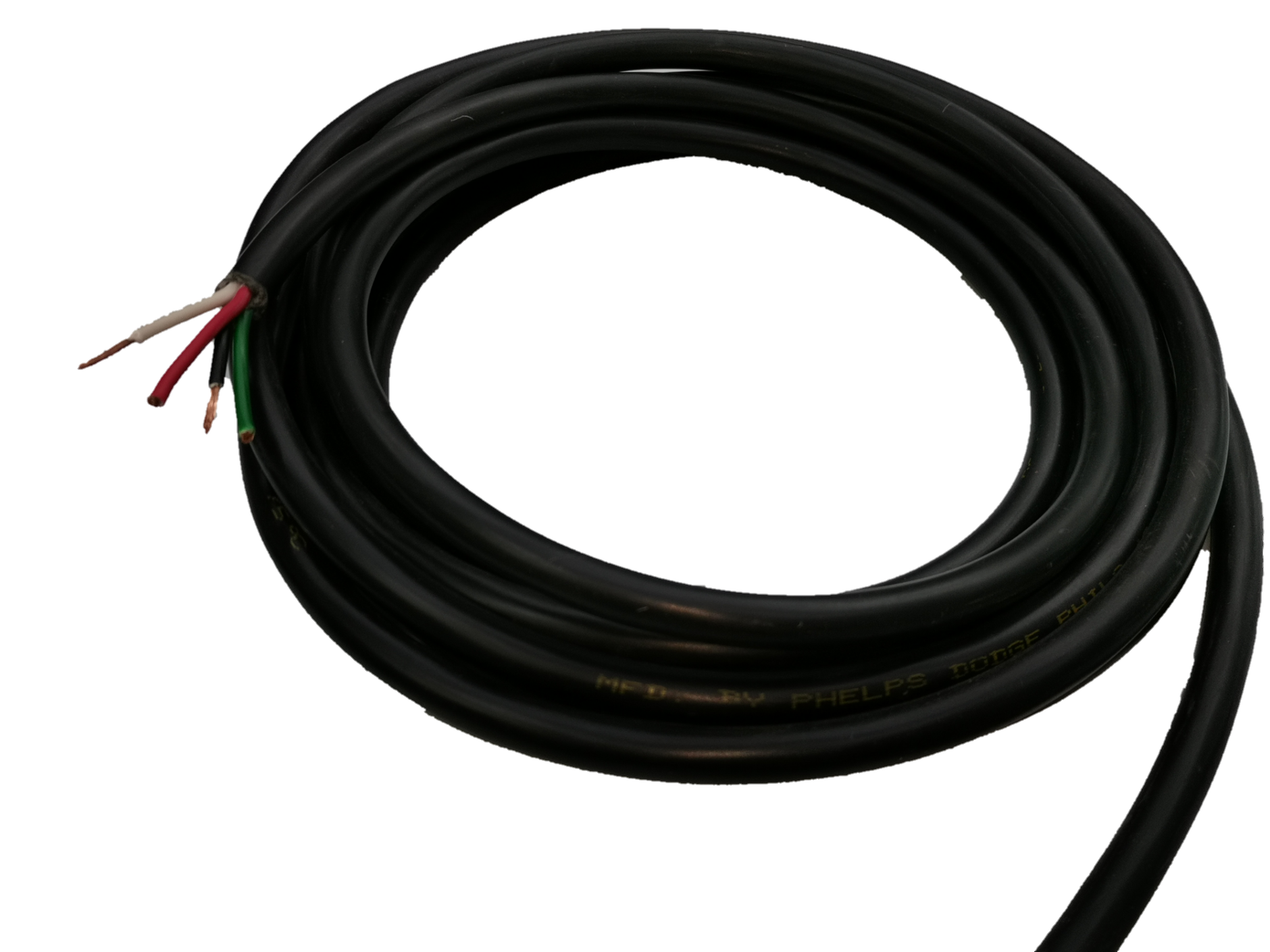 Phelps Dodge Royal Cord 8.0mm 4C black electrical wire with four colored leads exposed