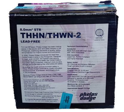 Box of Phelps Dodge THWN Stranded AWG 8 Green electrical wire with technical specifications