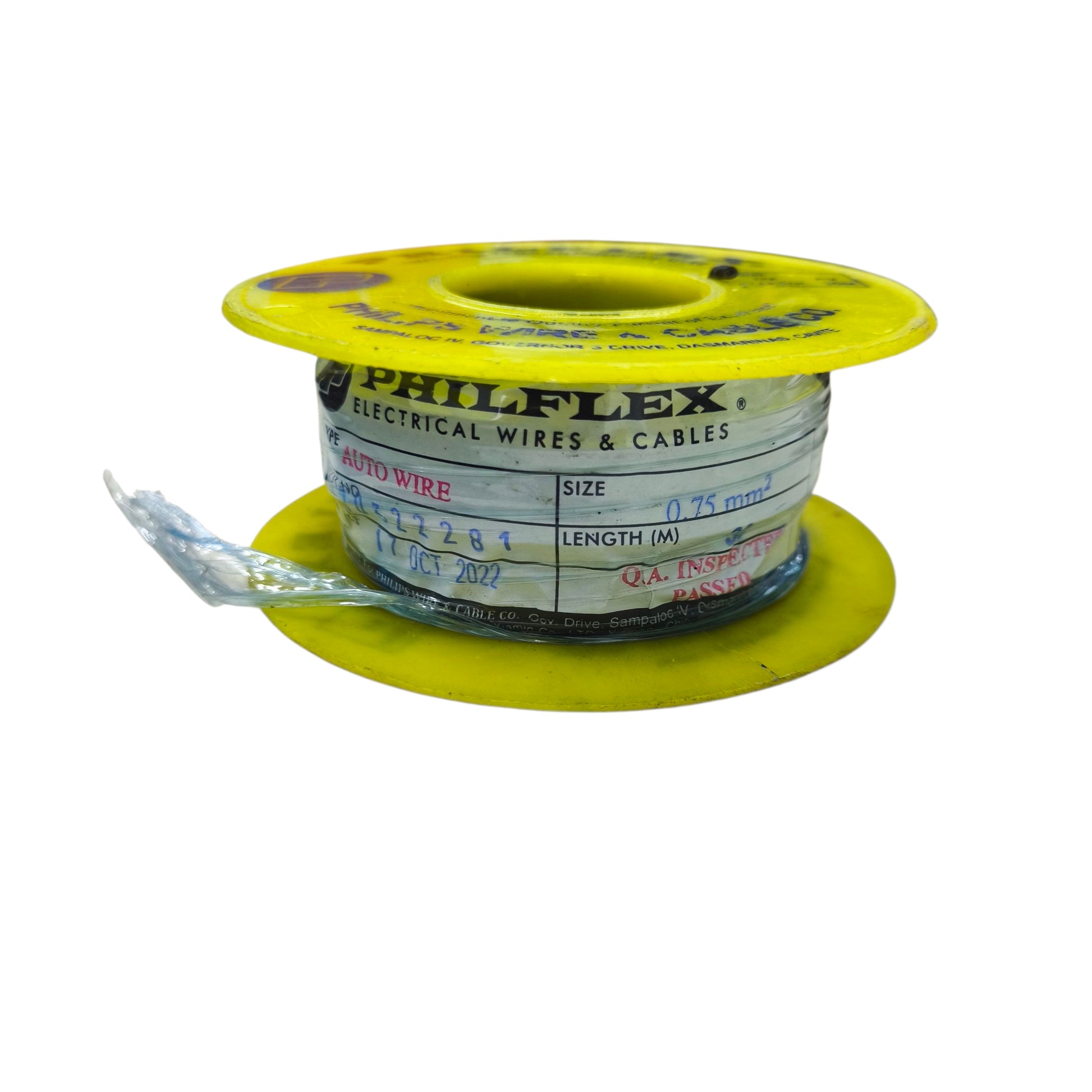 Philflex automotive wire 18 AWG on a yellow spool, suitable for various electrical applications