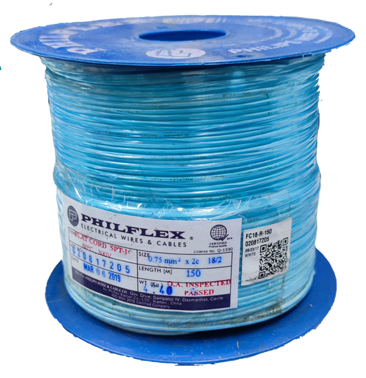 Philflex Flat Cord 2 Core AWG 18 on a spool, ideal for electrical wiring projects and connections
