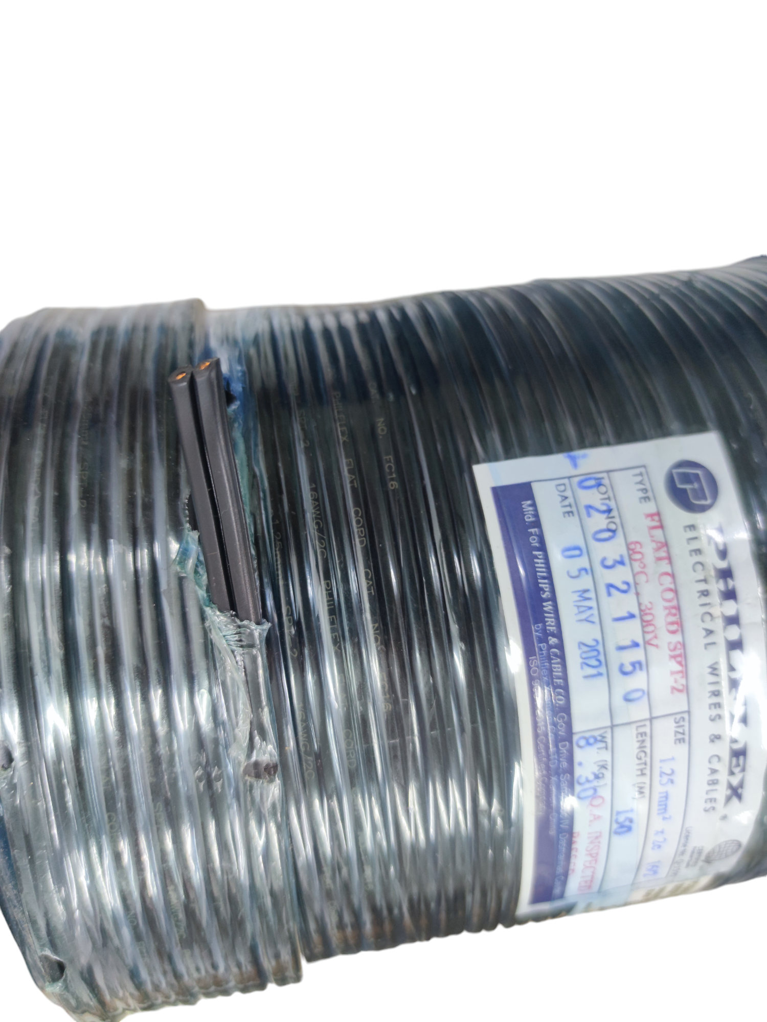 Philflex rolled spool of black Flat Cord AWG 16 2 Core flat twin conductor cable with product label