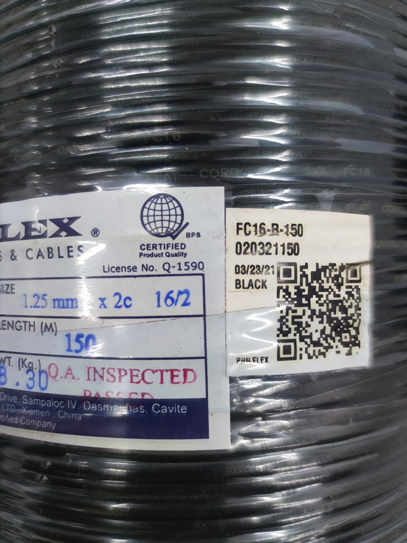 Philflex spool of black Flat Cord AWG 16 2 Core on reel with product label showing length and code