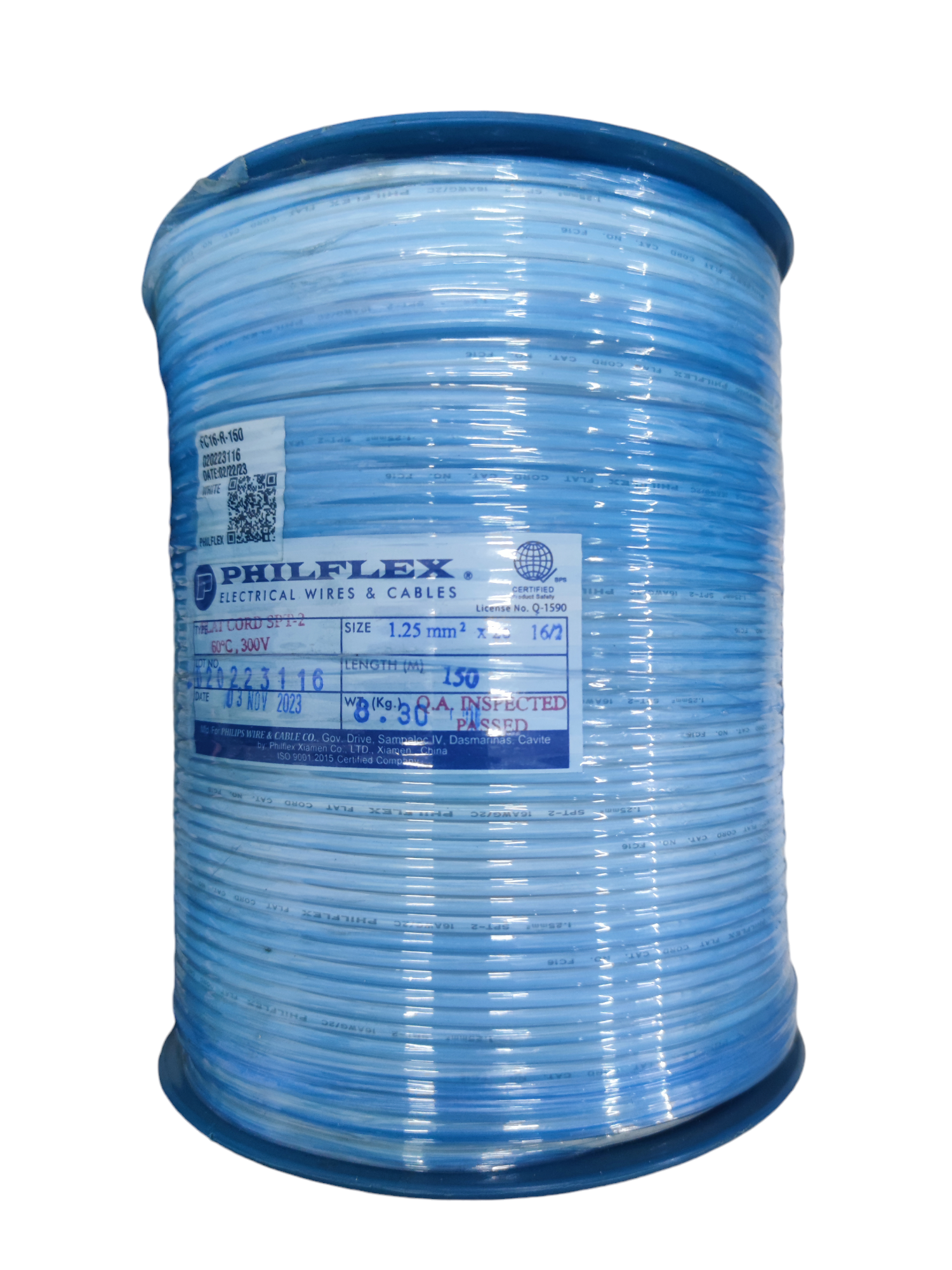 Philflex spool of blue Flat Cord AWG 16 2 Core on large reel labeled electrical wires and cables