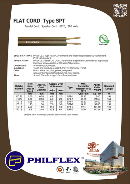 Philflex product brochure showing brown Flat Cord AWG 16 2 Core SPT with exposed copper conductors and specs table