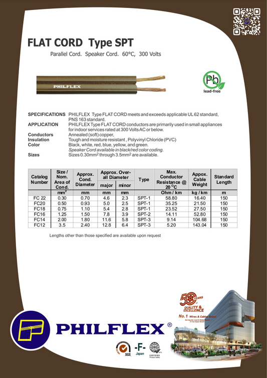 Philflex product brochure showing brown Flat Cord AWG 16 2 Core SPT with exposed copper conductors and specs table