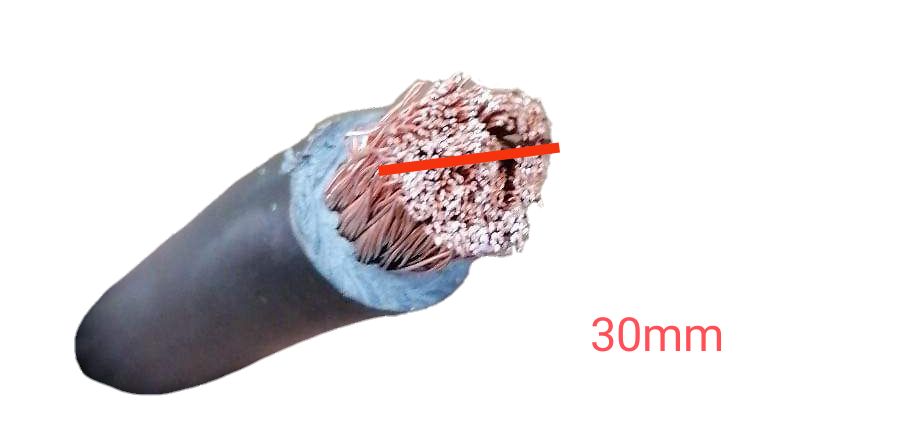 Philflex 30mm welding cable cross section showing thick black sheath and exposed copper strands labeled 30mm