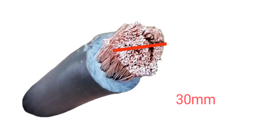 Philflex 30mm welding cable cross section showing thick black sheath and exposed copper strands labeled 30mm