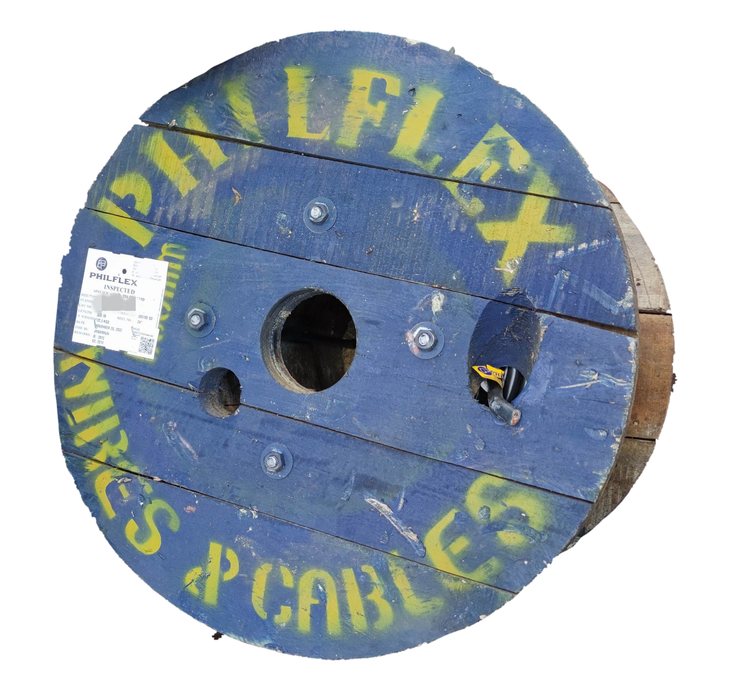 Philflex 30mm welding cable on blue wooden reel with yellow Philflex branding and visible cable end label