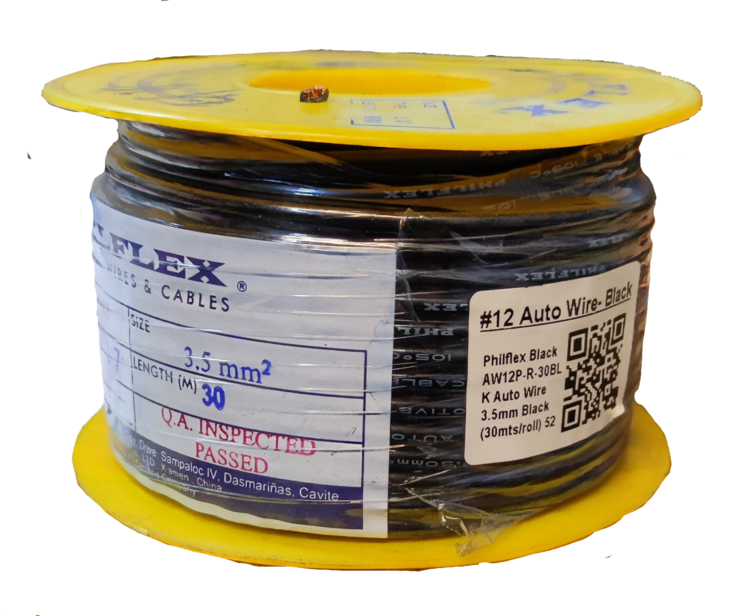 Philflex Autowire AWG 12 White product label on spool of black auto wire for automotive use