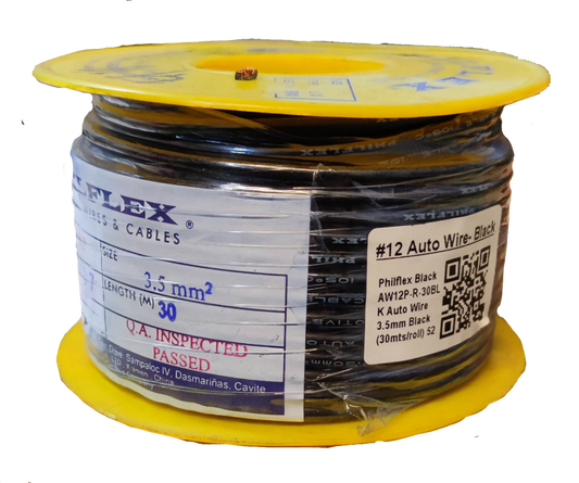Philflex Autowire AWG 12 White product label on spool of black auto wire for automotive use
