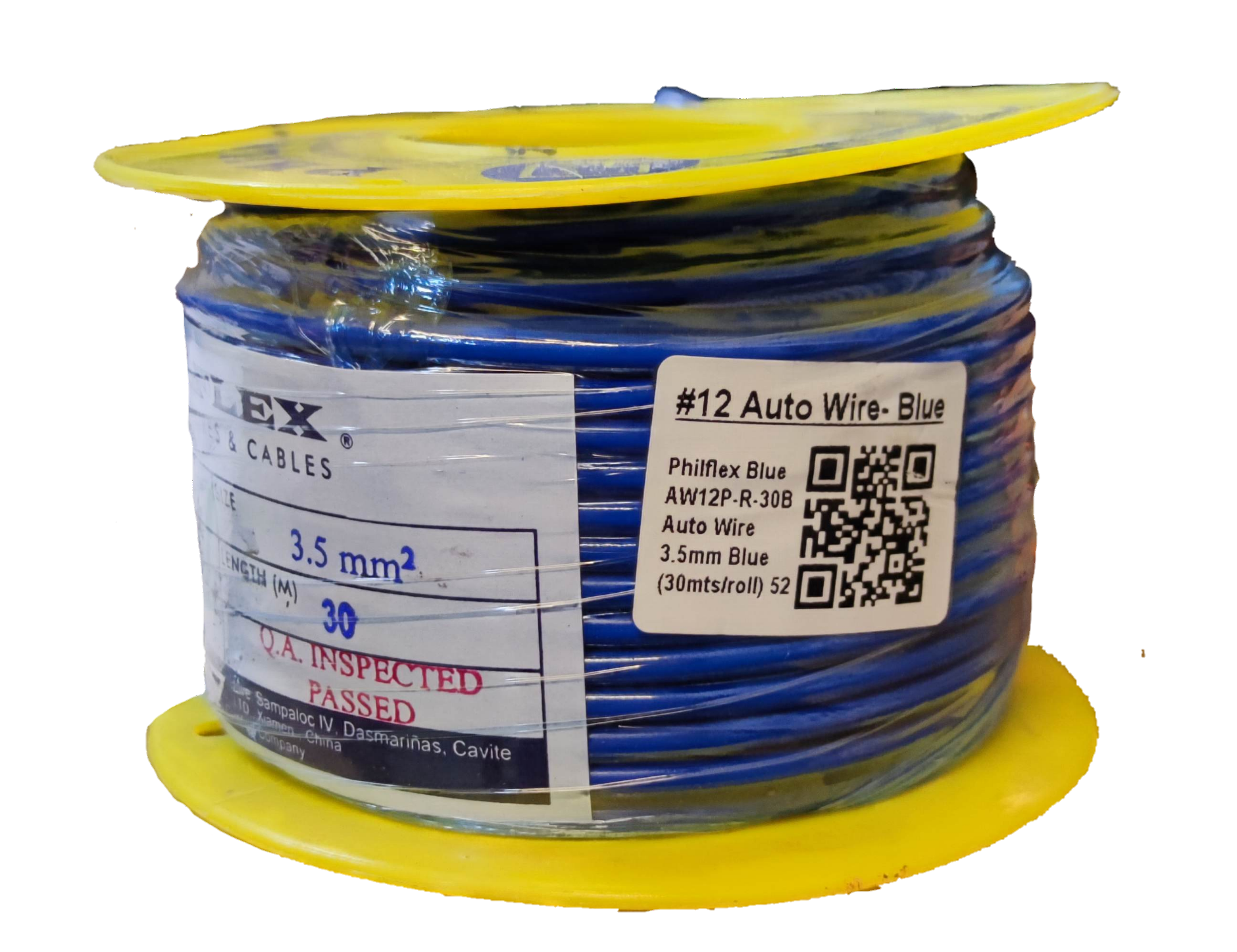 Philflex Autowire AWG 12 White appears as keyword while image shows blue automotive wire spool on yellow reel