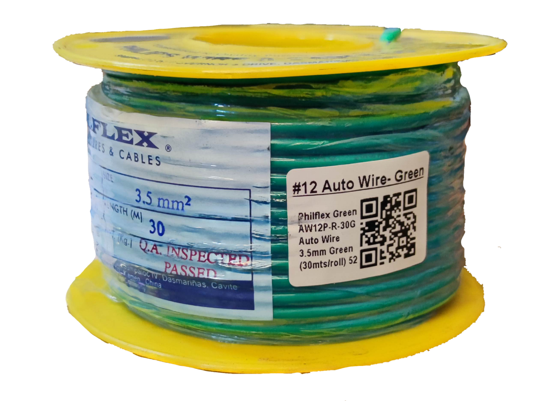Spool of green 12 auto wire on yellow reel with Philflex label showing specs and barcode Philflex Autowire AWG 12 White