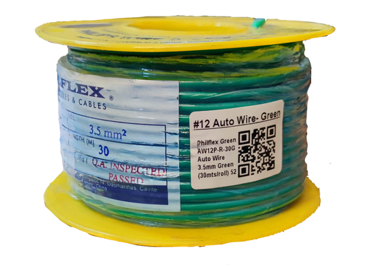 Spool of green 12 auto wire on yellow reel with Philflex label showing specs and barcode Philflex Autowire AWG 12 White