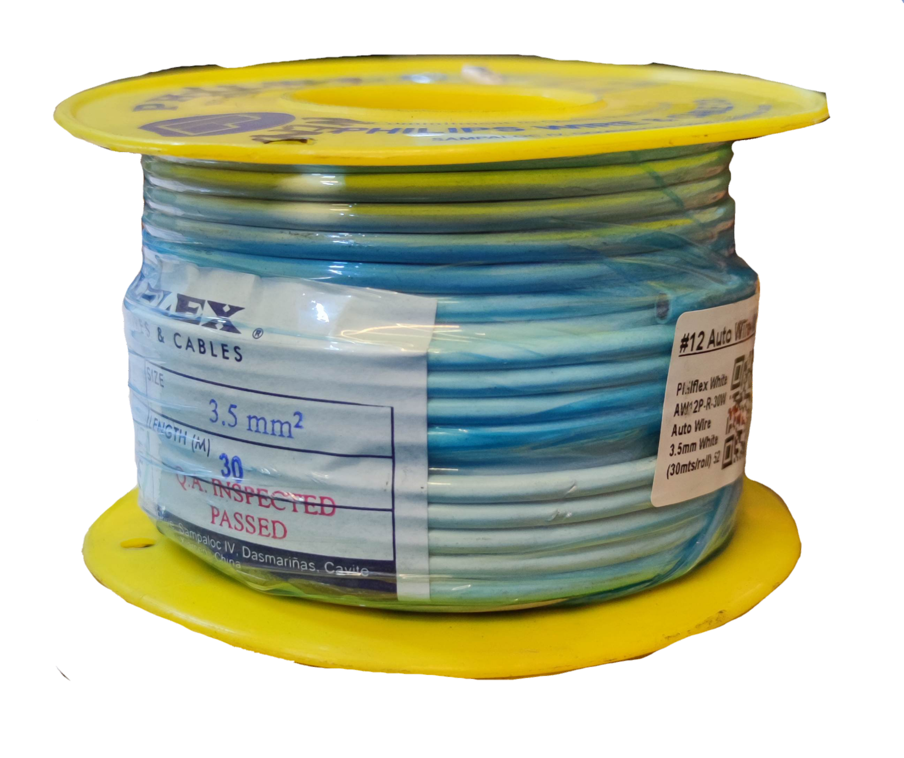 Philflex Autowire AWG 12 White automotive wire spool on yellow reel showing blue white insulated cable