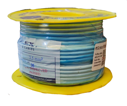Philflex Autowire AWG 12 White automotive wire spool on yellow reel showing blue white insulated cable