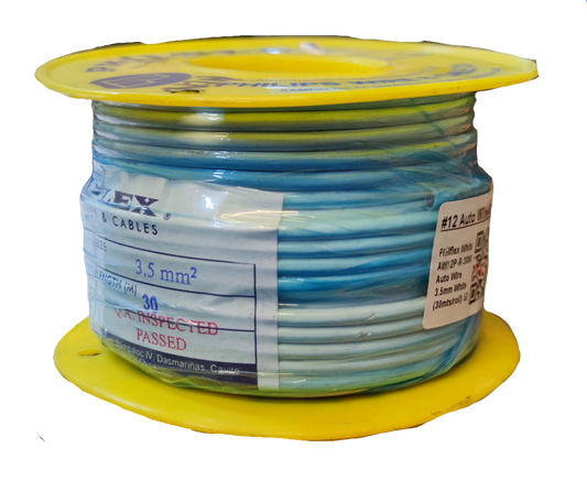 Philflex Autowire AWG 12 White automotive wire spool on yellow reel showing blue white insulated cable
