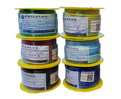 Six stacked Philflex wire spools with yellow flanges showing colored wires and labels Philflex Autowire AWG 12 White included