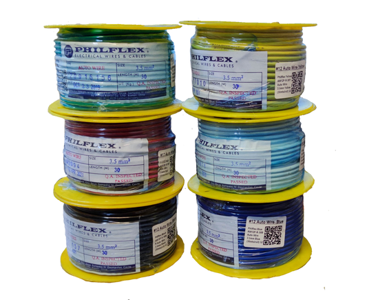 Six stacked Philflex wire spools with yellow flanges showing colored wires and labels Philflex Autowire AWG 12 White included