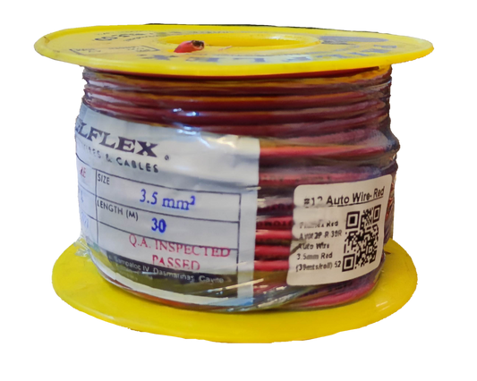 Philflex Autowire AWG 12 White spool of automotive wires on yellow reel showing red and black insulated leads