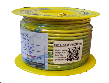 Spool of yellow automotive wire with label reading Philflex Autowire AWG 12 White for vehicle wiring