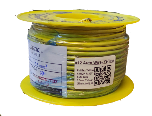 Spool of yellow automotive wire with label reading Philflex Autowire AWG 12 White for vehicle wiring
