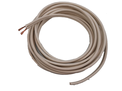 Coiled beige two conductor flat cable with stripped copper ends Philflex flat cord wire AWG 12 - 2C for lighting