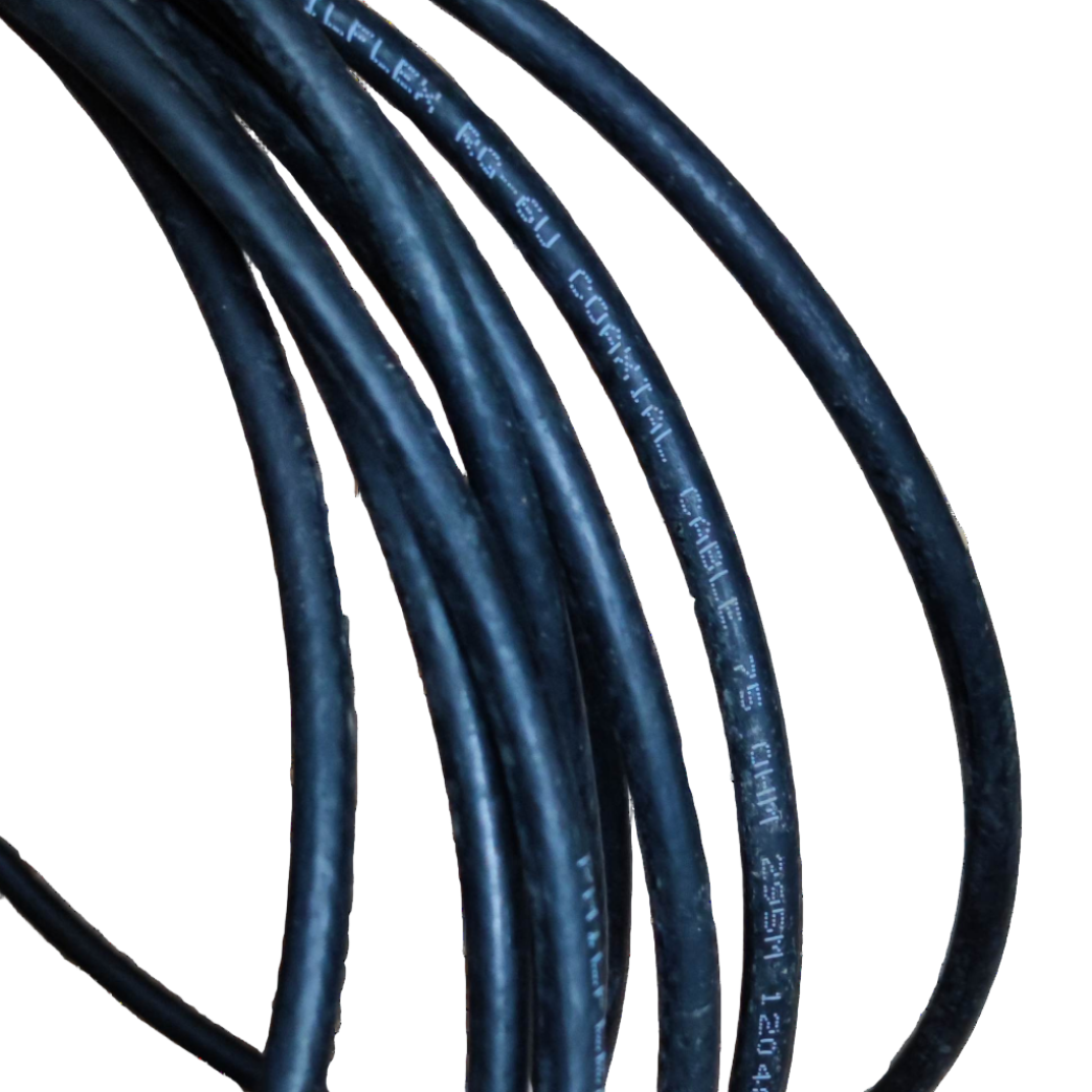 Philflex RG6 coaxial cable black wires coiled for signal transmission and connectivity
