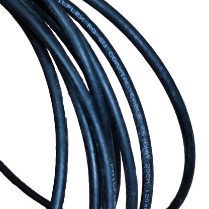Philflex RG6 coaxial cable black wires coiled for signal transmission and connectivity